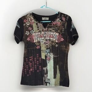 Y2K Vanilla Sugar Wild West Floral Cross Rhinestone Tee Cowgirl Top‎